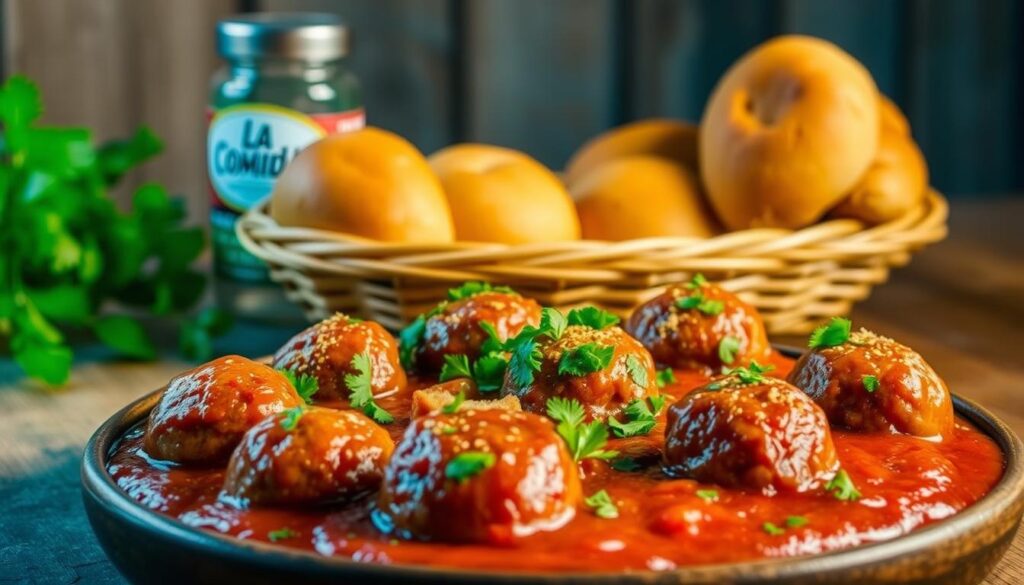 A bowl of delicious homemade Albóndigas (meatball soup) with tender meatballs, fresh vegetables, and a flavorful broth, ready to serve in just 10 minutes.