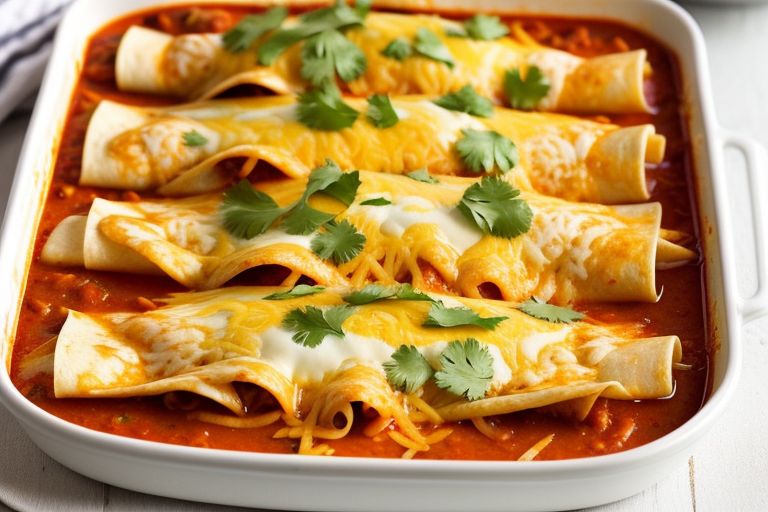 Fully baked enchiladas de pollo topped with cheese, cilantro, and a drizzle of crema.