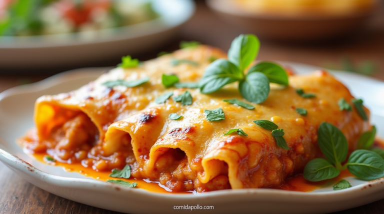 A close-up photo of cheesy chicken enchiladas (enchiladas de pollo) topped with melted cheese, fresh cilantro, and a drizzle of creamy sauce, served on a colorful plate with a side of rice and beans.