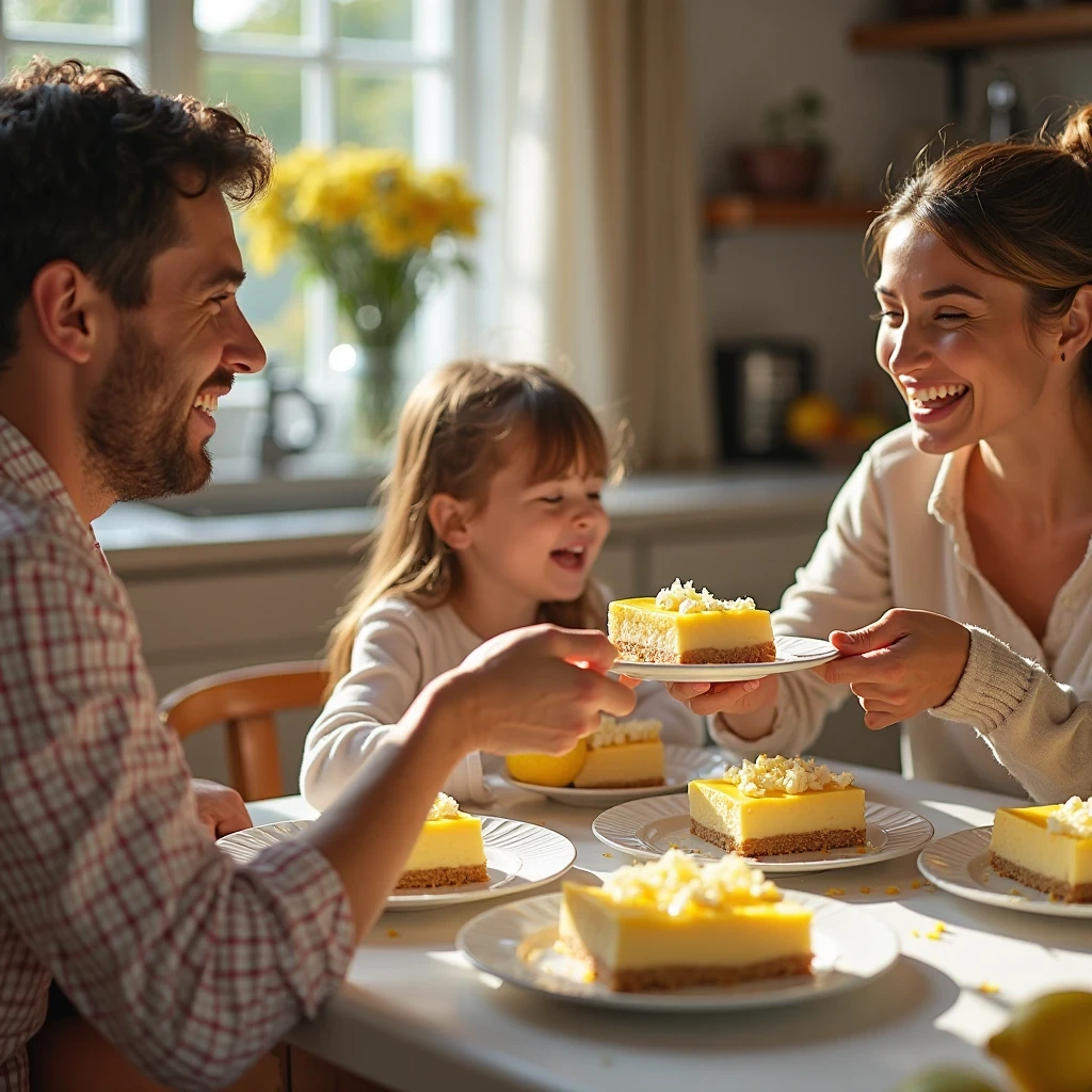 Family Enjoying Delicious Lemon Cheesecake Bars Together