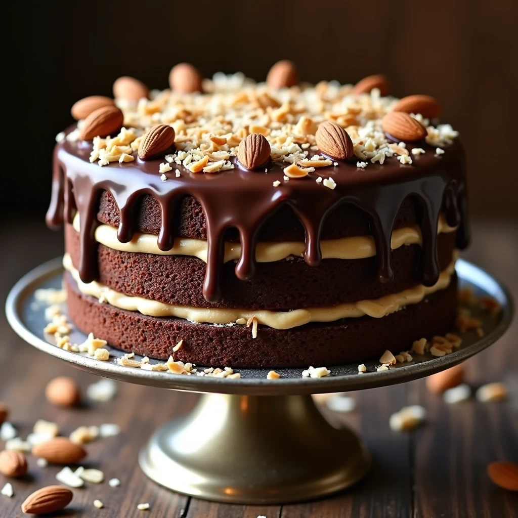 Decadent Almond Joy Cake with Chocolate Ganache and Almond Toppings